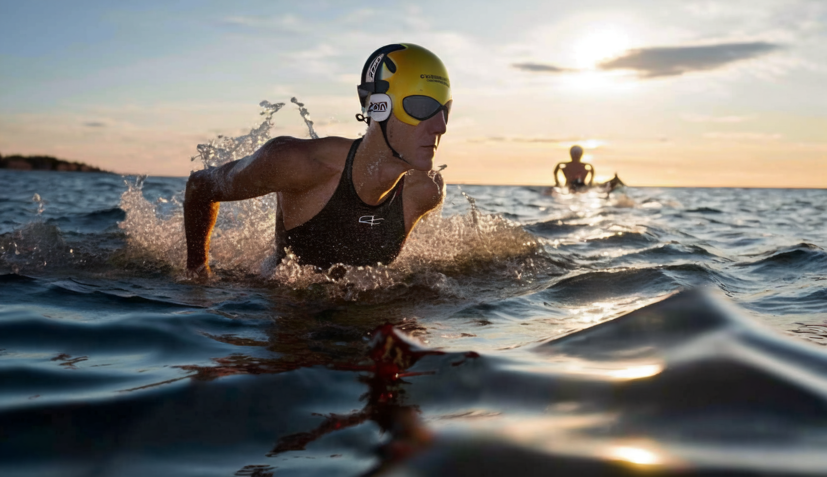 A triathlete swimming in open water.